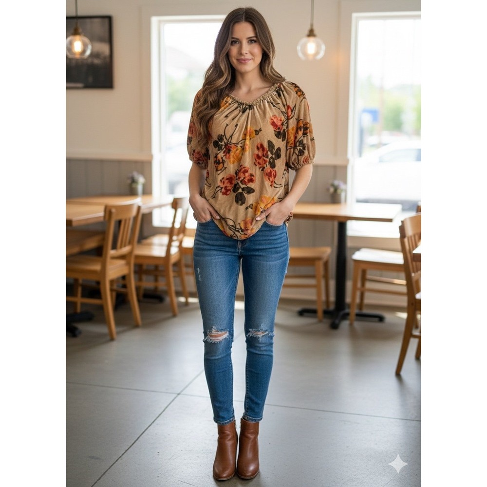 Sundance All Hours" crushed velvet puff sleeve floral top silk rayon blend small